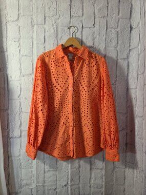 Chico's Size 2 12/14 Orange Floral Eyelet 100% Cotton Summer Boho Blouse